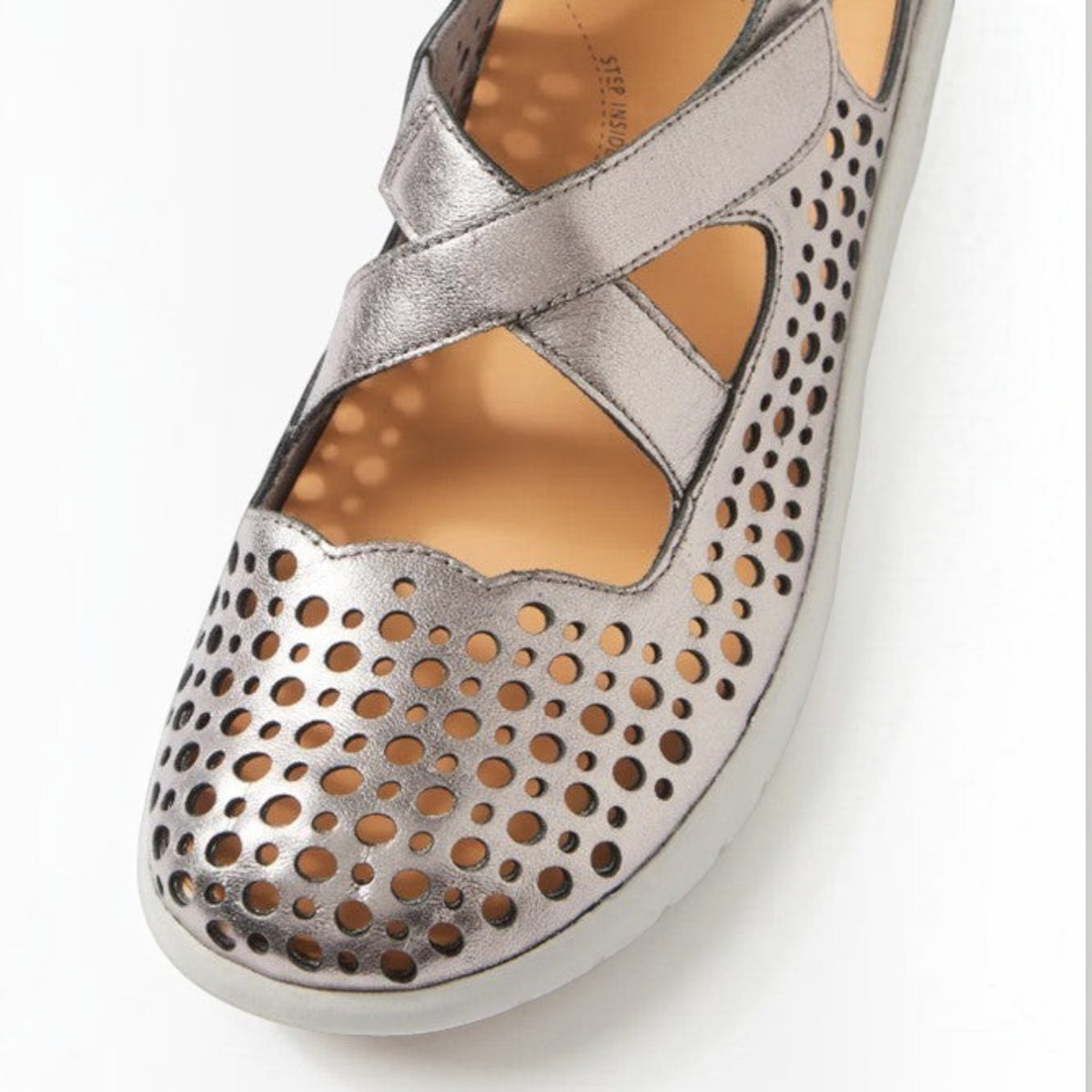 The Shoe Shop Sachet wide-fitting metallic silver leather shoe with laser-cut circular patterns and orthotic support