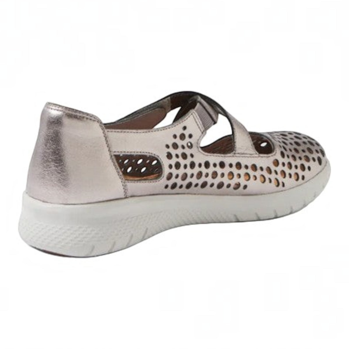 The Shoe Shop Sachet wide-fitting metallic silver shoe with laser-cut details and a white supportive sole