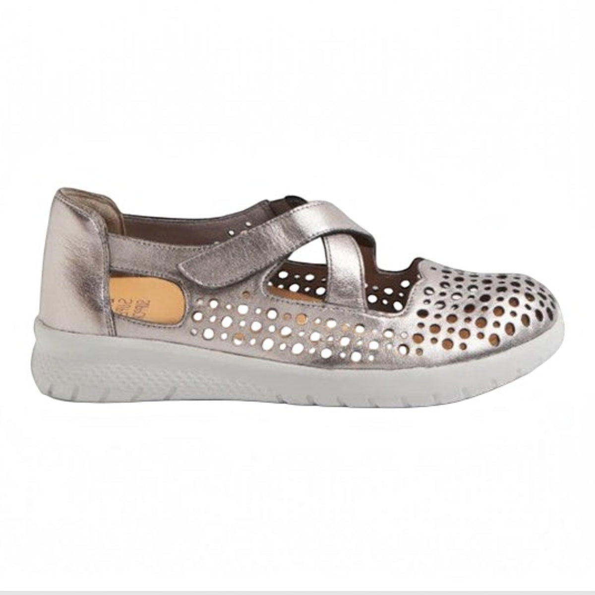 The Shoe Shop Sachet wide-fitting silver metallic leather shoe with laser-cut details and orthotic-friendly footbed.
