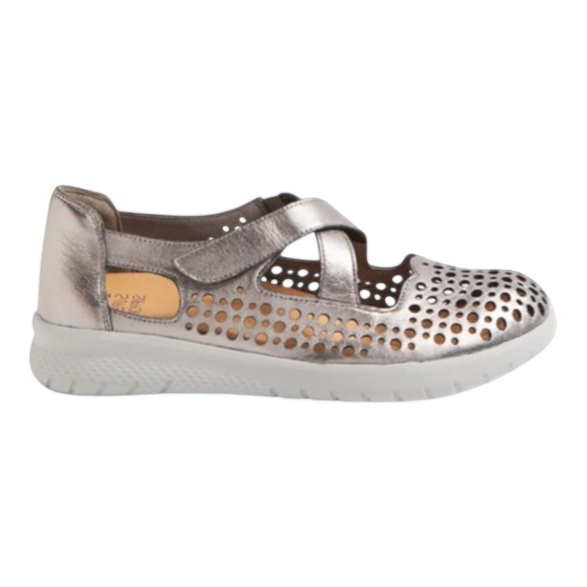 The Shoe Shop Sachet wide-fitting silver metallic shoe with laser-cut details and removable orthotic footbed