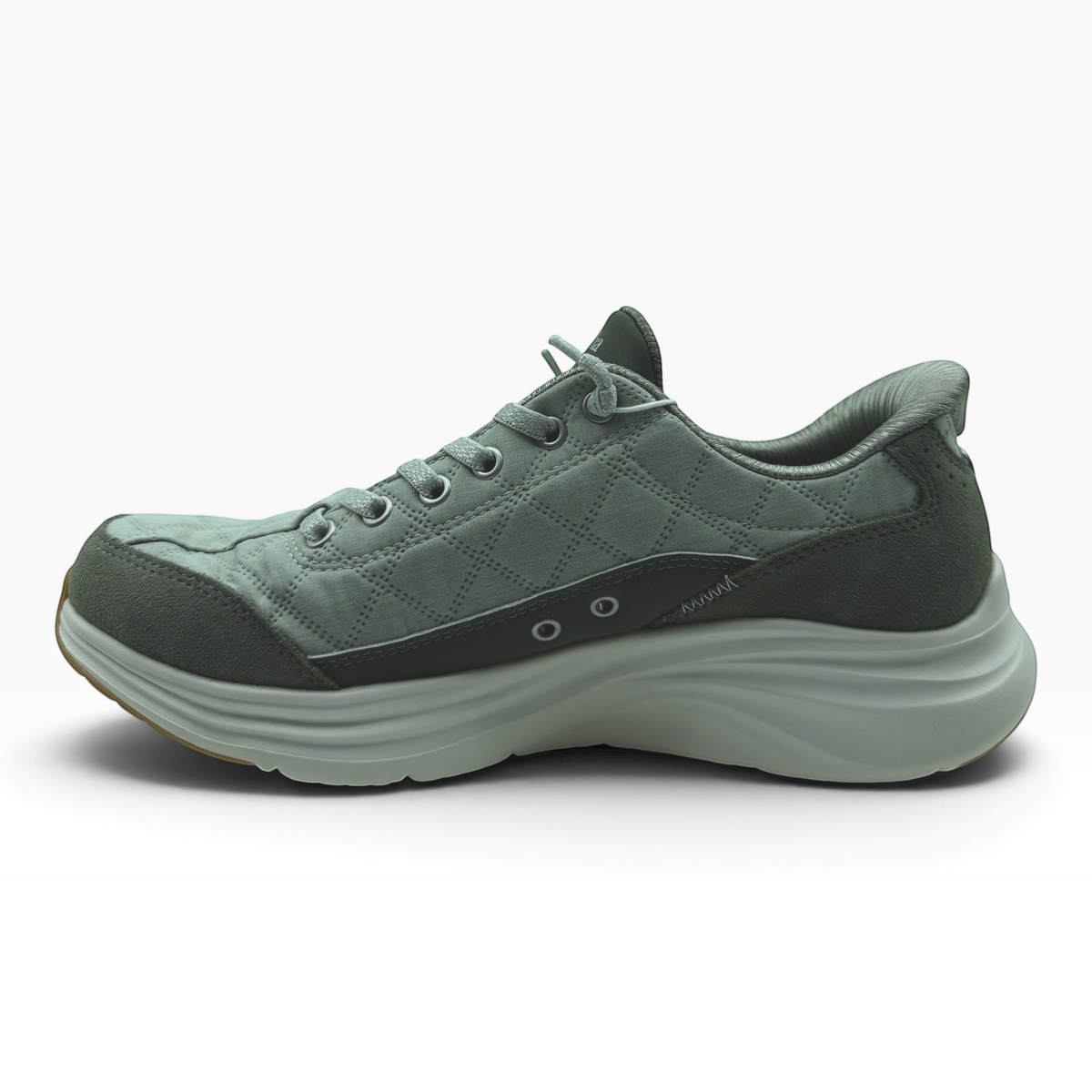 The Shoe Shop 150645 Contour Foam sneaker in sage green with quilted fabric, suede accents, and a thick foam sole.