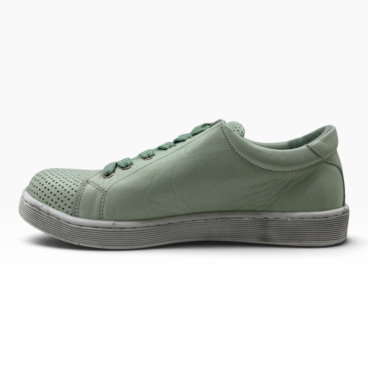 The Shoe Shop Tommie Perf sage green leather sneaker with perforated detailing and a durable rubber sole
