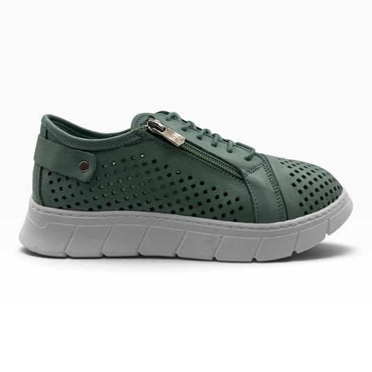 The Shoe Shop EG172 sage green punched leather sneaker with side zip, lace-up closure, and thick white rubber sole.