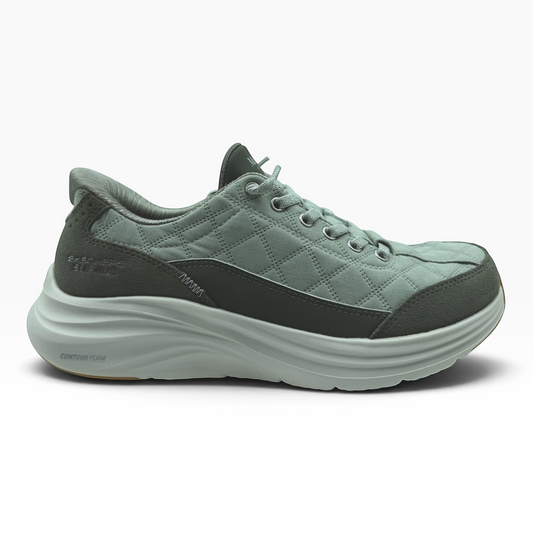 The Shoe Shop 150645 Contour Foam sage green quilted sneaker with a thick cushioned sole and suede-like overlays.