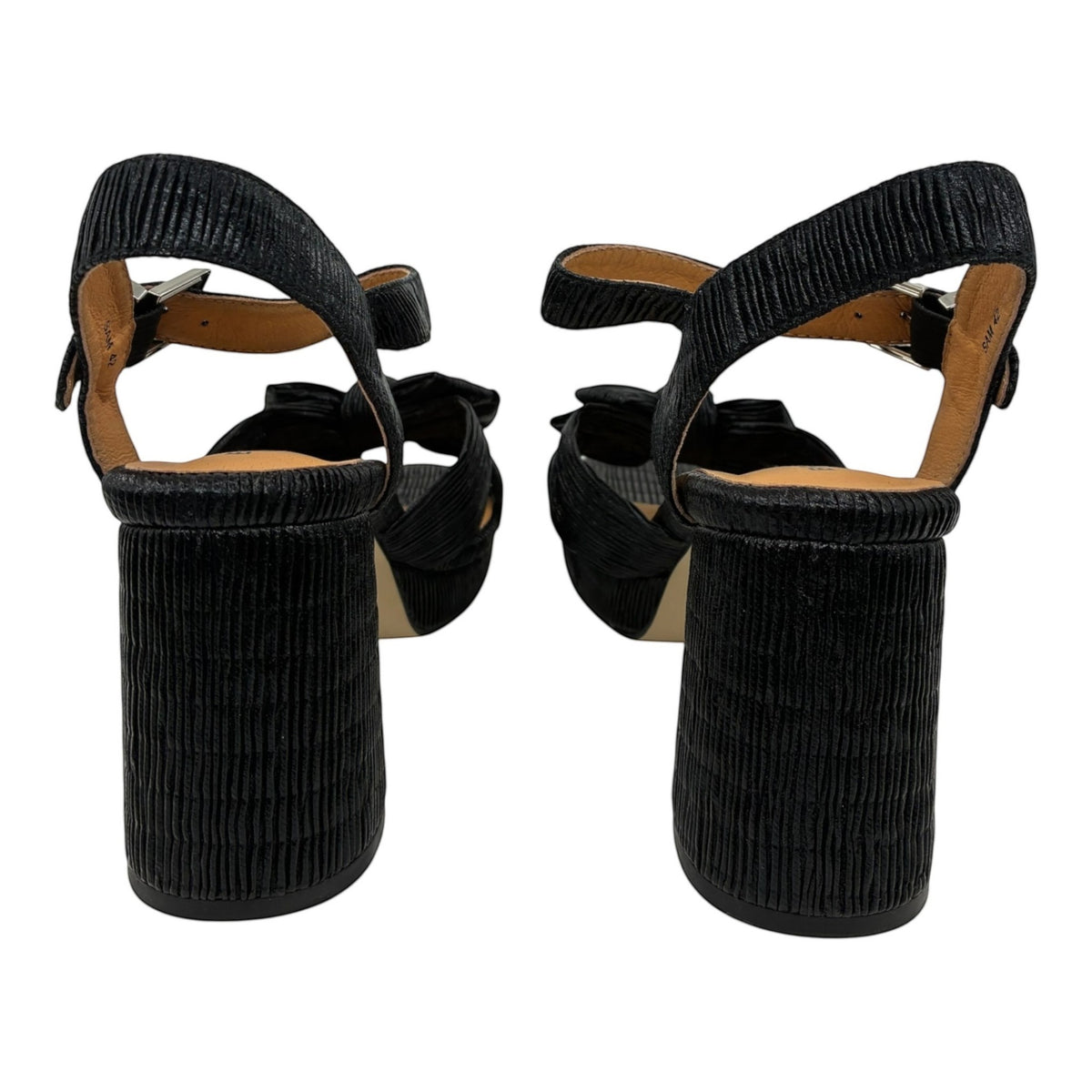 The Shoe Shop Sam black textured block heel sandals with adjustable ankle straps and knotted bow detail, back view
