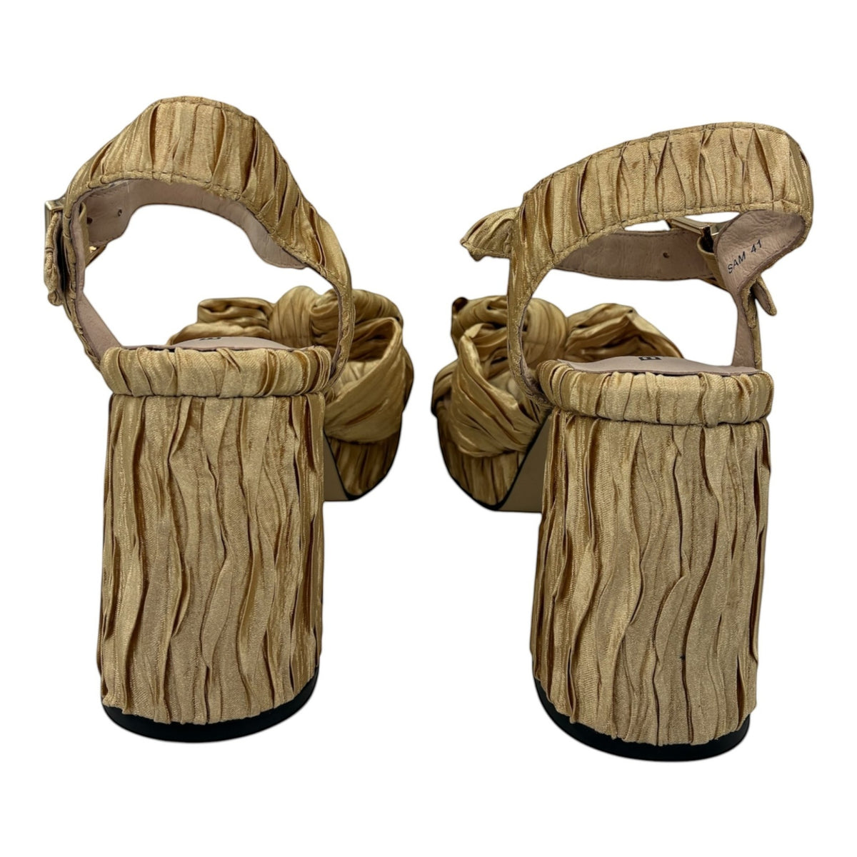 The Shoe Shop Sam champangne block heel sandals featuring a textured ruched finish and adjustable ankle strap