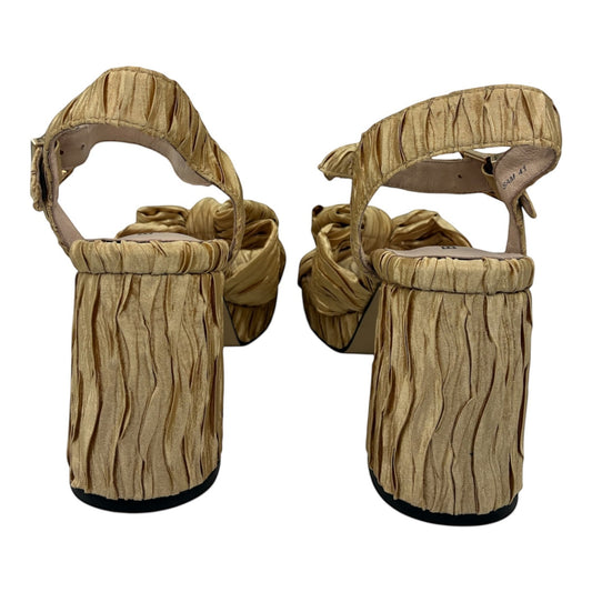 The Shoe Shop Sam champangne block heel sandals featuring a textured ruched finish and adjustable ankle strap