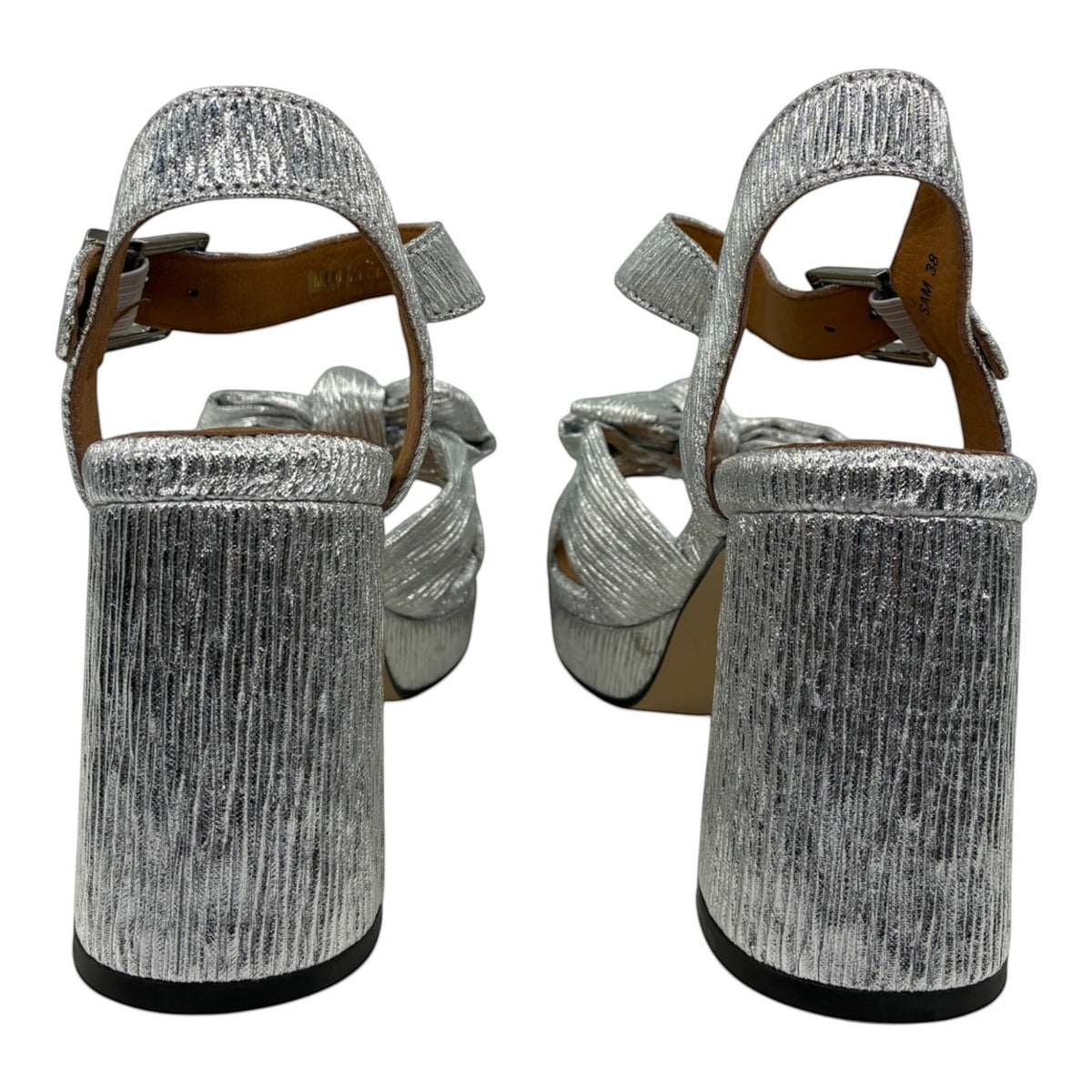 The Shoe Shop Sam silver metallic block heel sandals with adjustable ankle straps and textured finish, rear view.