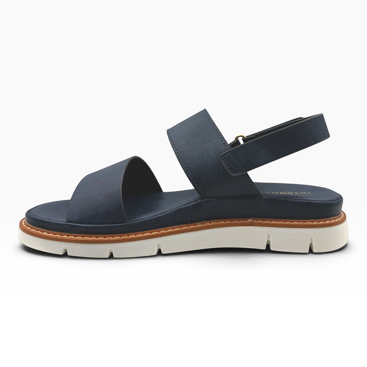 The Shoe Shop Sana leather wedge sandal in navy blue with a slingback strap, white platform sole, and contrast welt.