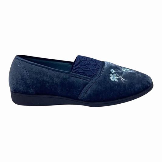 The Shoe Shop Sasha navy velvet slipper with floral embroidery and a comfortable slip-on design for indoor wear.