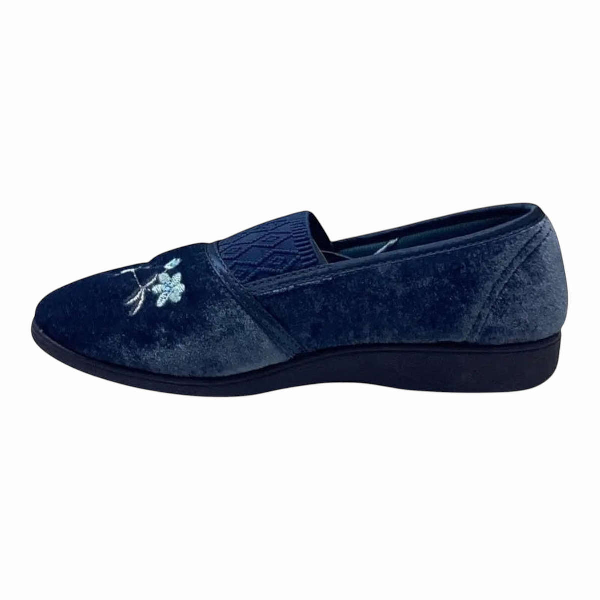 The Shoe Shop Sasha navy velvet slipper with floral embroidery and a comfortable low-profile black indoor sole.