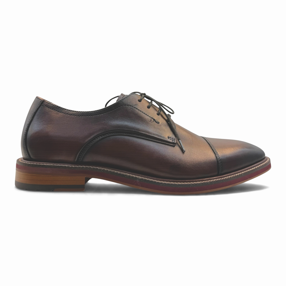 The Shoe Shop Scribble dark brown leather lace-up dress shoe with a toe cap and stacked sole, side profile view.