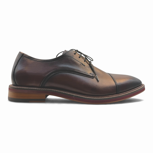 The Shoe Shop Scribble dark brown leather lace-up dress shoe with a toe cap and stacked sole, side profile view.