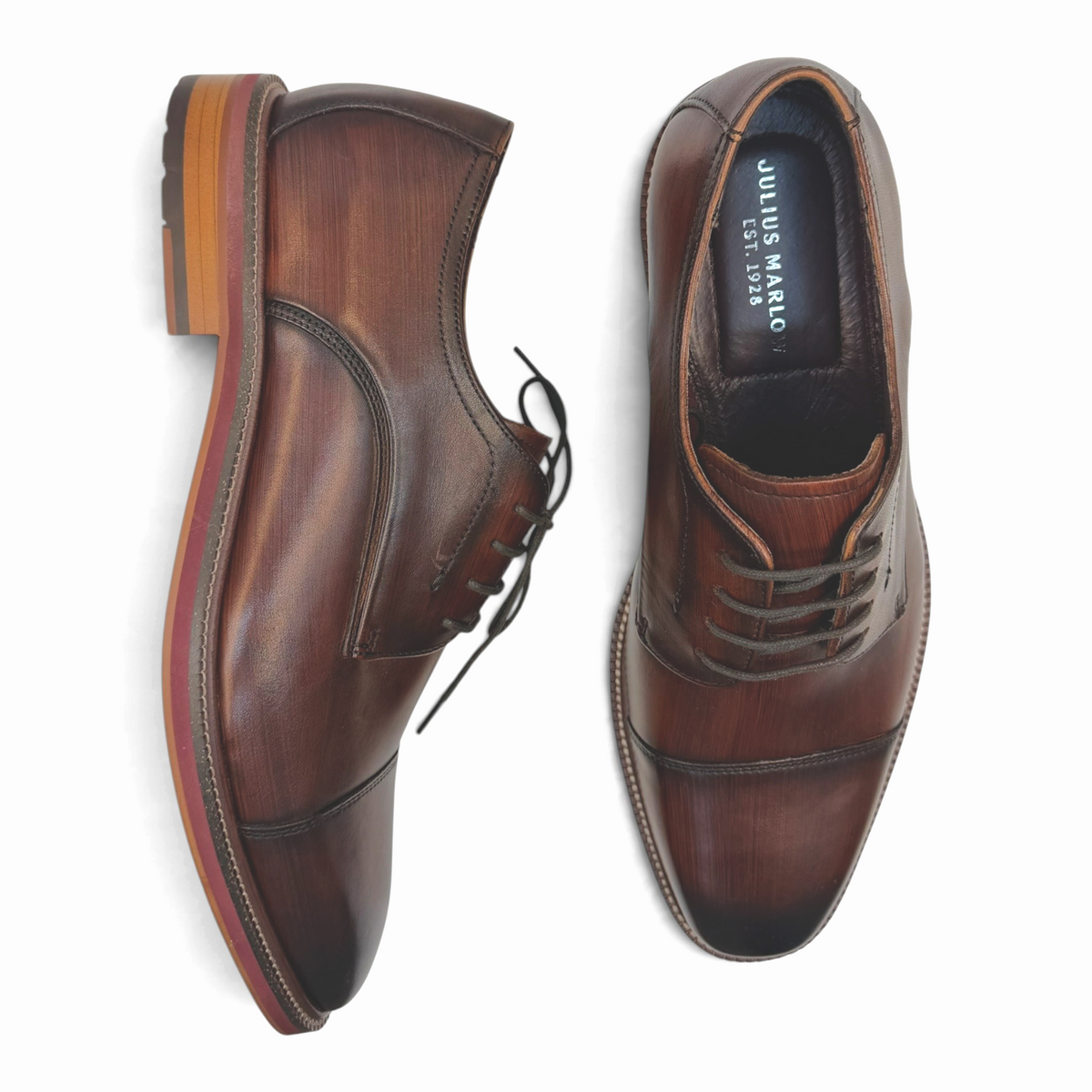 The Shoe Shop Scribble brown leather lace-up dress shoes with a distinctive toe cap and multi-layered stacked sole.