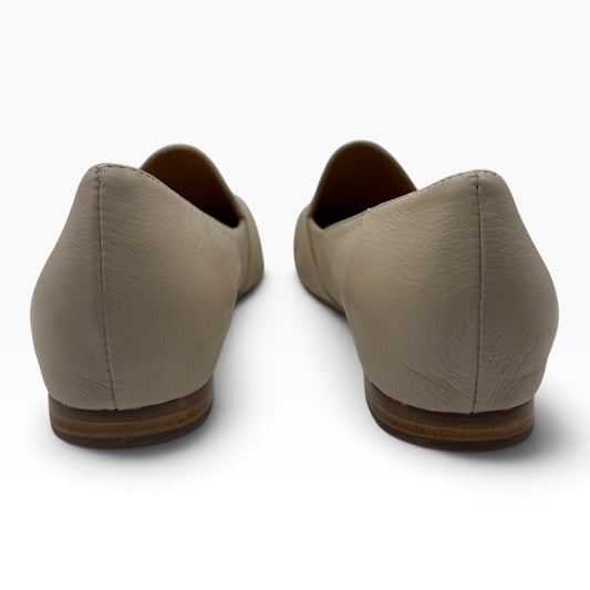 Back view of The Shoe Shop Sedone beige leather slip-on loafers with a low stacked heel