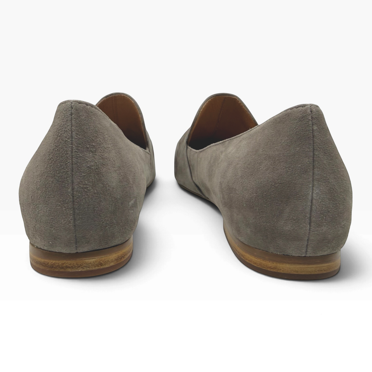 Back view of The Shoe Shop Sedone grey suede loafers with a low wooden heel
