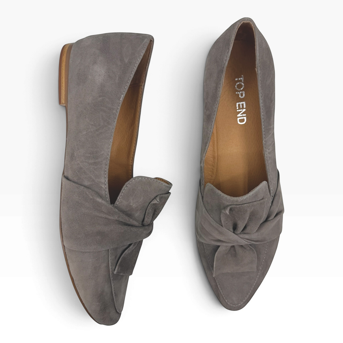 The Shoe Shop Sedone grey suede pointed-toe loafers with a decorative knotted bow detail on the vamp