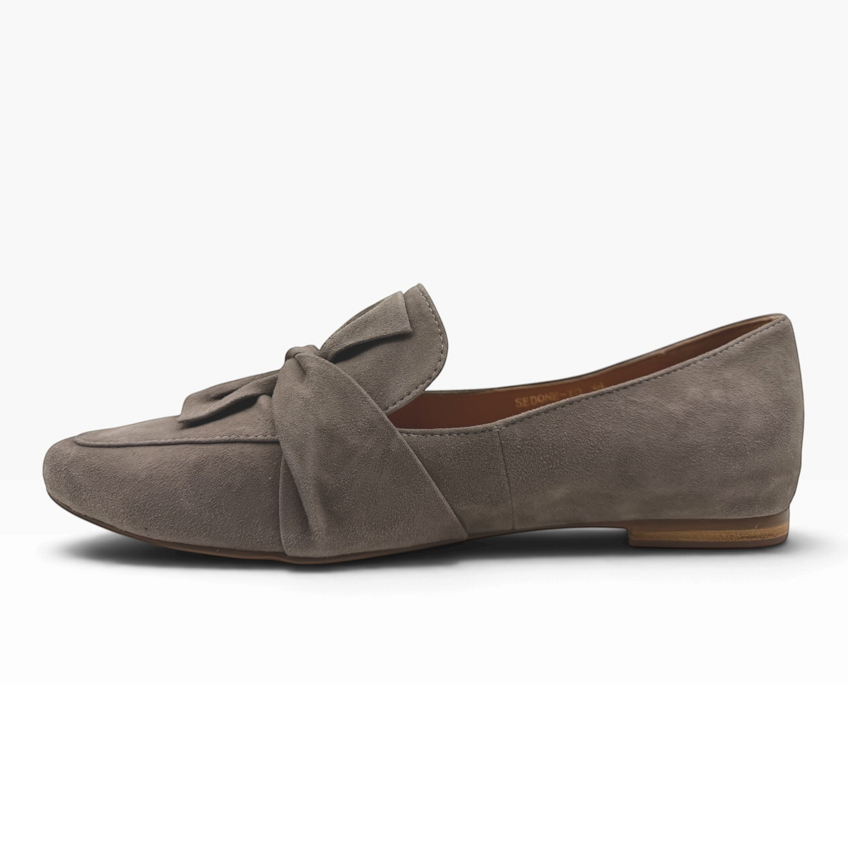 The Shoe Shop Sedone taupe suede flat loafer with a decorative knotted bow detail on the front