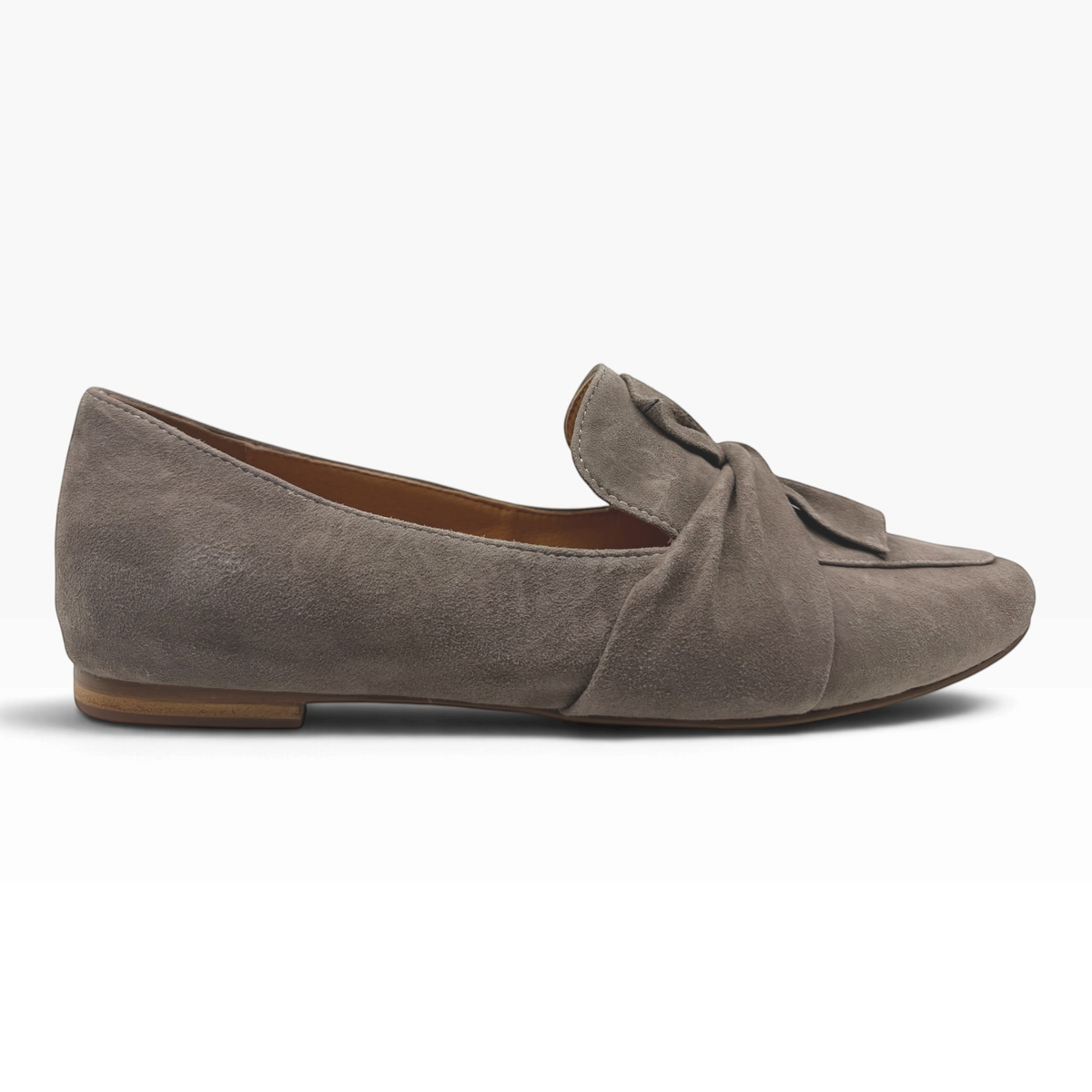 The Shoe Shop Sedone taupe suede flat loafer with a decorative knotted bow detail on the front