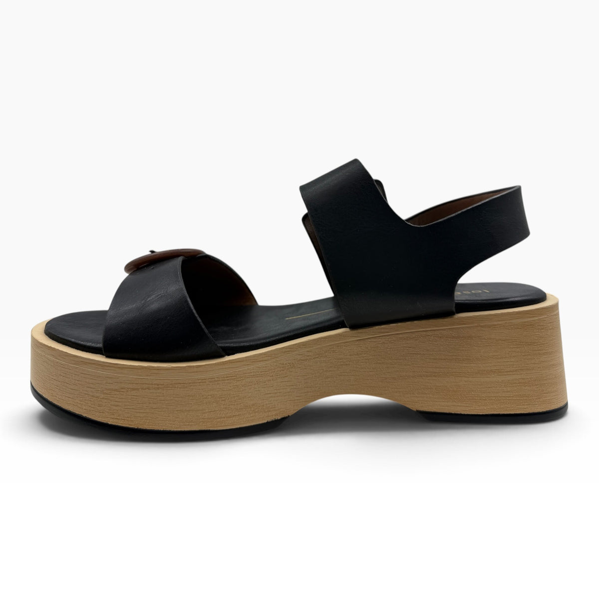 The Shoe Shop Selendra black leather platform sandal with a light wood-effect sole and side buckle detail