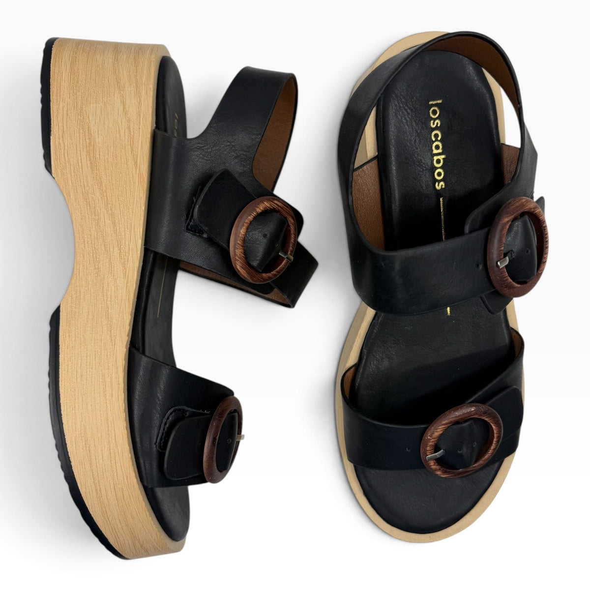 The Shoe Shop Selendra black leather platform sandals with wooden-look buckles and wedge soles