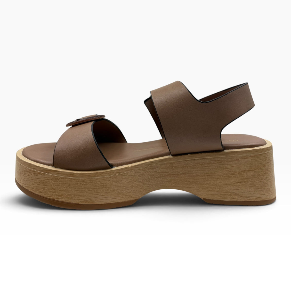 The Shoe Shop Selendra brown platform sandals with a thick wood-effect sole and adjustable strap side view