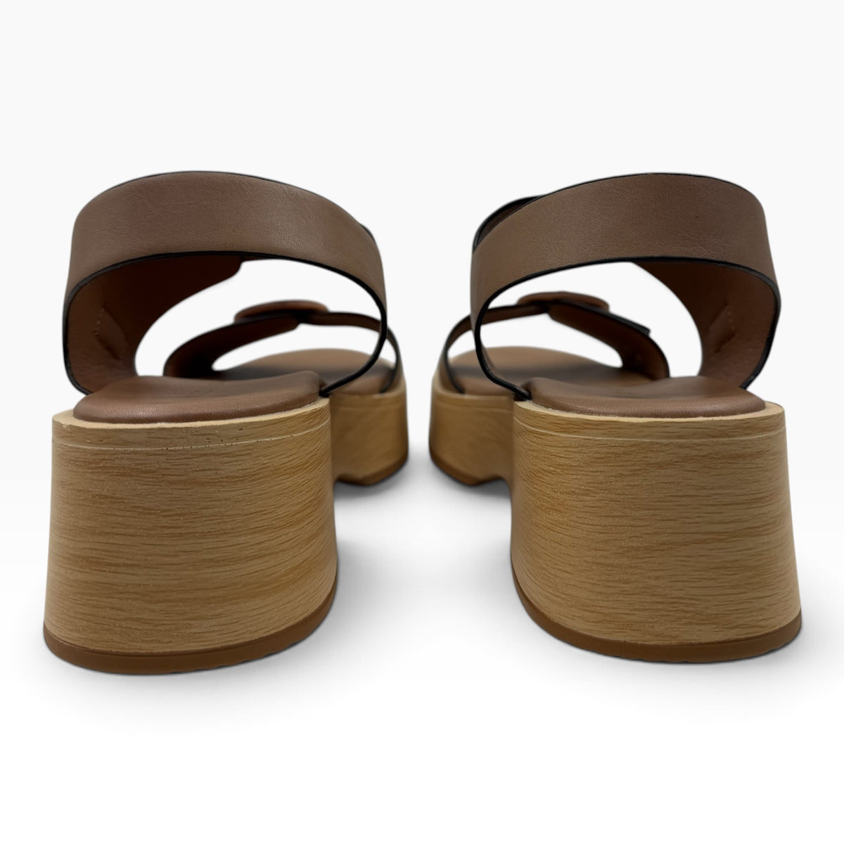 The Shoe Shop Selendra brown platform sandals with a wood-effect block heel and ankle strap, back view.