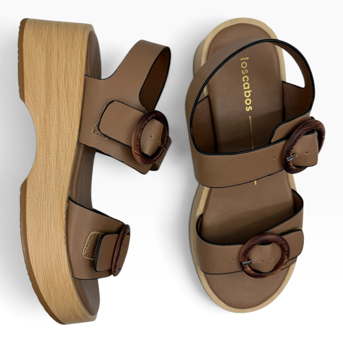 The Shoe Shop Selendra tan platform sandals with wooden-look wedges and circular buckle details