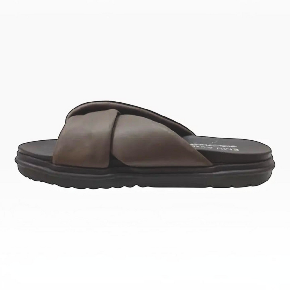 The Shoe Shop Selene espresso brown leather crossover sandals with a cushioned footbed and ribbed sole.