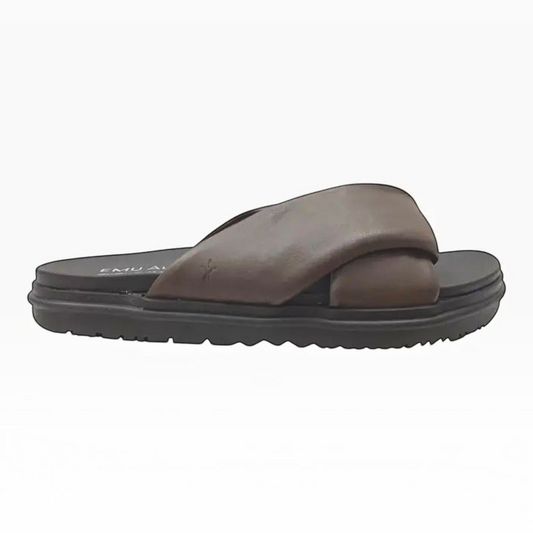 The Shoe Shop Selene women's espresso brown leather sandal with padded crossover straps and a cushioned footbed.