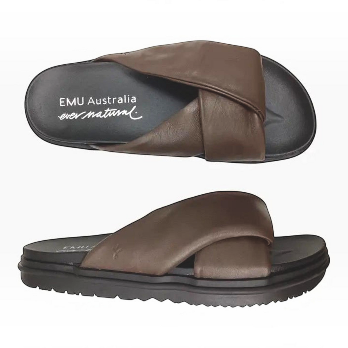 The Shoe Shop EMU Selene espresso brown leather crossover sandals with a cushioned footbed and ribbed sole.