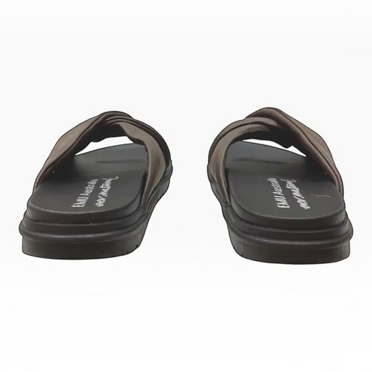 The Shoe Shop Selene espresso brown leather sandals with padded crossover straps and a cushioned footbed