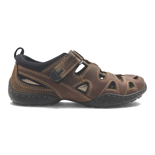 The Shoe Shop Sentry brown oiled leather closed-toe sandals with adjustable straps and durable polyurethane outsole.