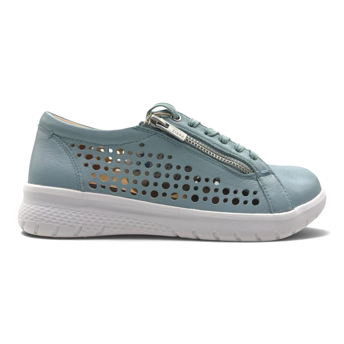 The Shoe Shop Shovo sneaker in blue leather with side zip, lace-up closure, and perforated side panels.