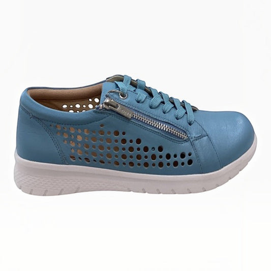 The Shoe Shop Shovo blue leather orthotic-friendly sneaker with side zipper, laser-cut detailing, and white sole.