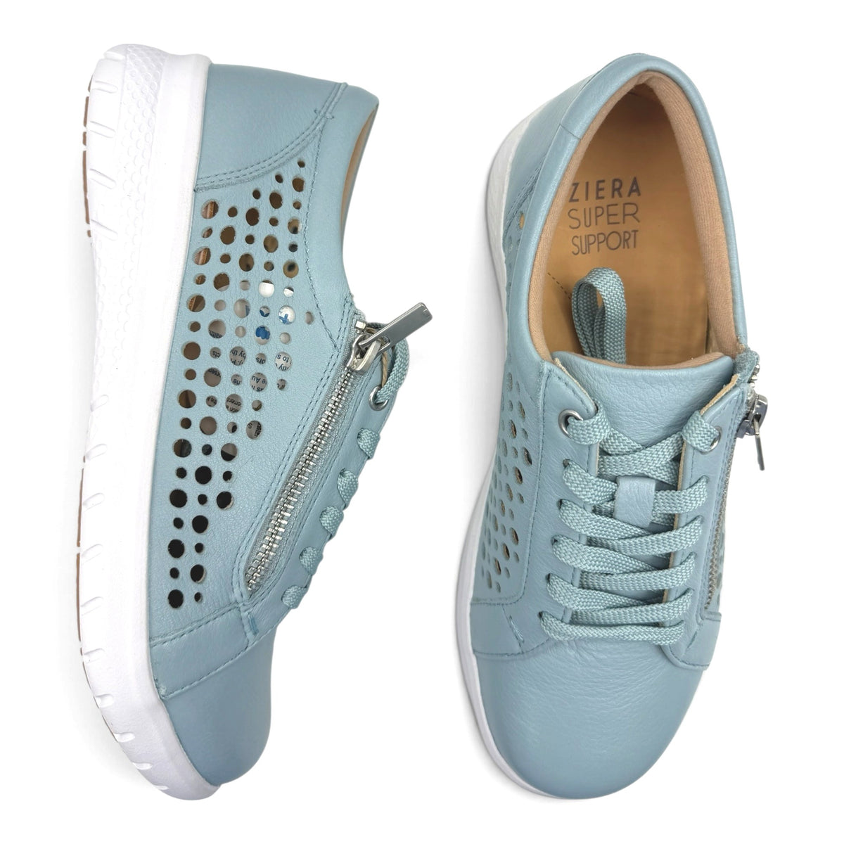 The Shoe Shop Shovo extra wide light blue leather sneakers with side zip, lace-up closure, and perforated detailing.