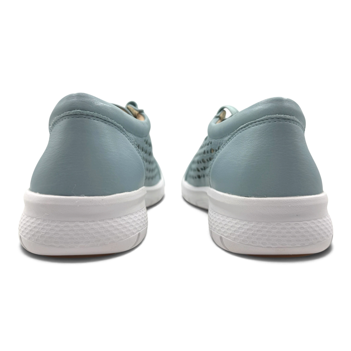 The Shoe Shop Shovo extra wide orthotic friendly sneakers in blue leather with a white slip-resistant sole, rear view.