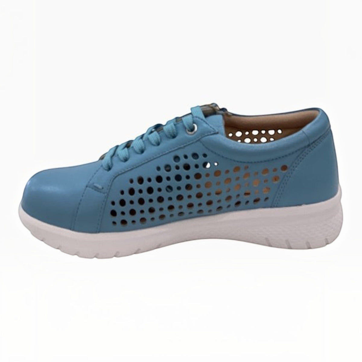 The Shoe Shop Shovo blue leather orthotic-friendly sneaker with perforated side panels and white slip-resistant sole