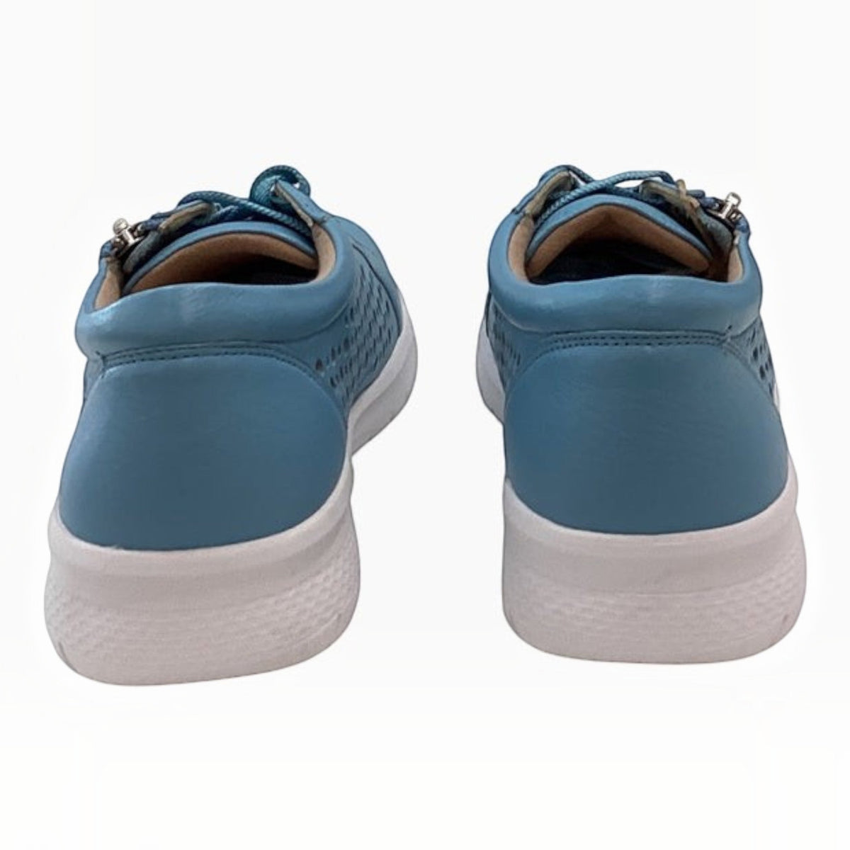 The Shoe Shop Shovo blue orthotic-friendly sneakers with a thick white slip-resistant sole and perforated leather.