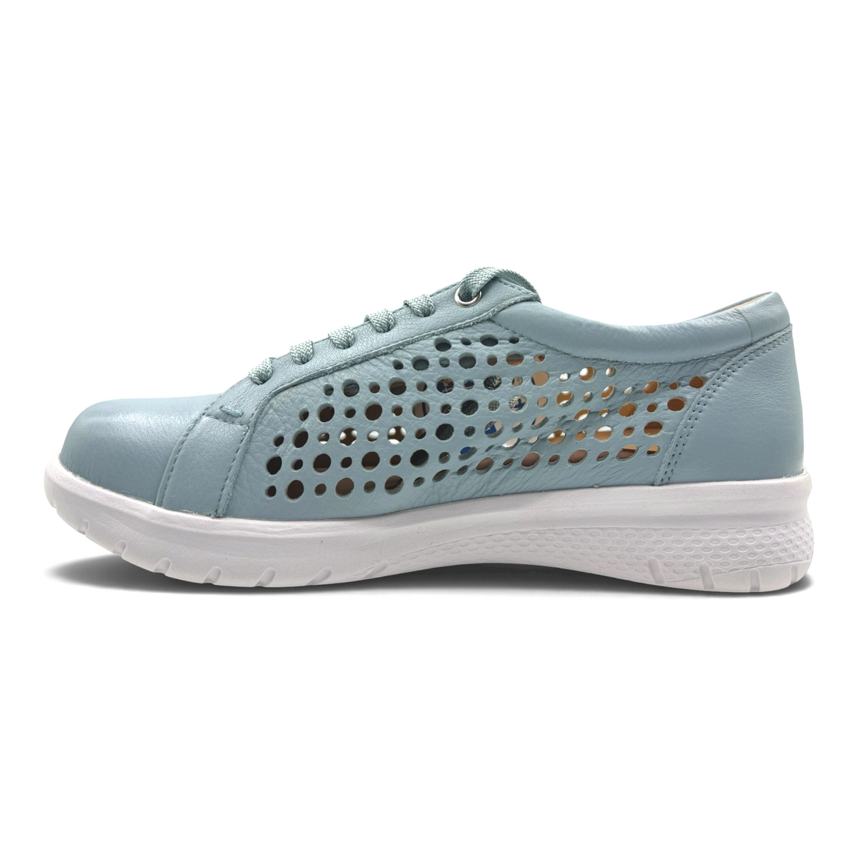 The Shoe Shop Shovo extra wide light blue leather sneaker with perforated side panels and a white slip-resistant sole.