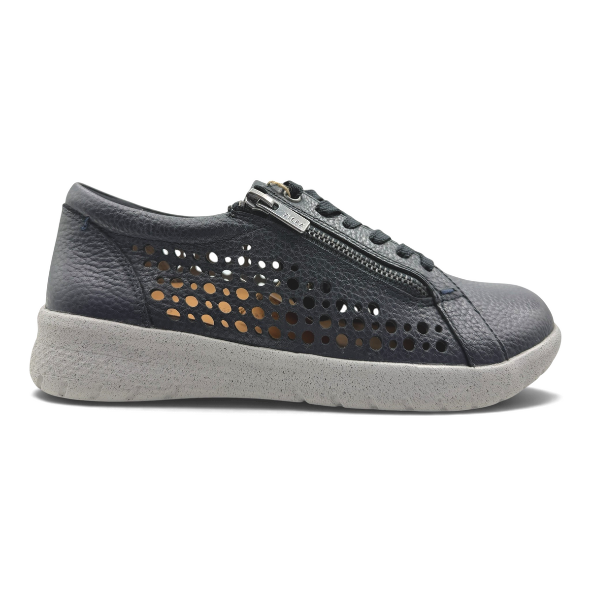 The Shoe Shop Shovo extra wide navy leather sneaker with side zip, lace-up closure, and perforated side detailing.