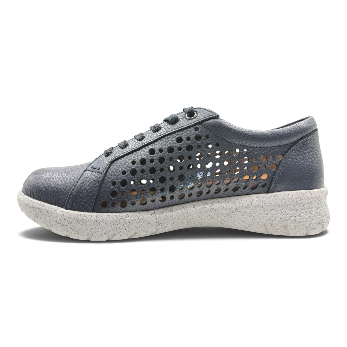 The Shoe Shop Shovo navy leather sneaker with perforated side panels, lace-up closure, and a thick grey supportive sole.