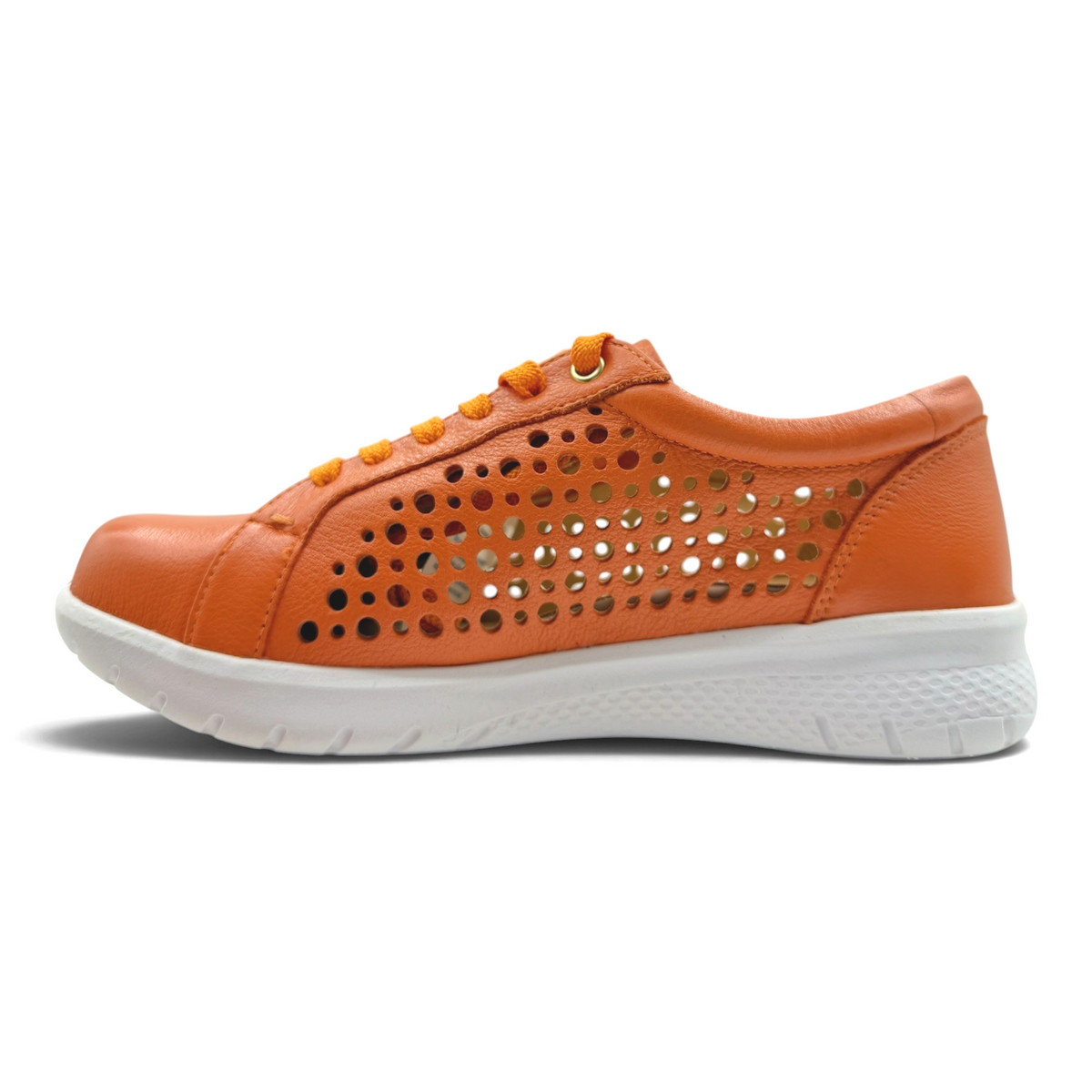 The Shoe Shop Shovo extra wide orange leather sneaker with side zip, lace-up closure, and perforated side panels.
