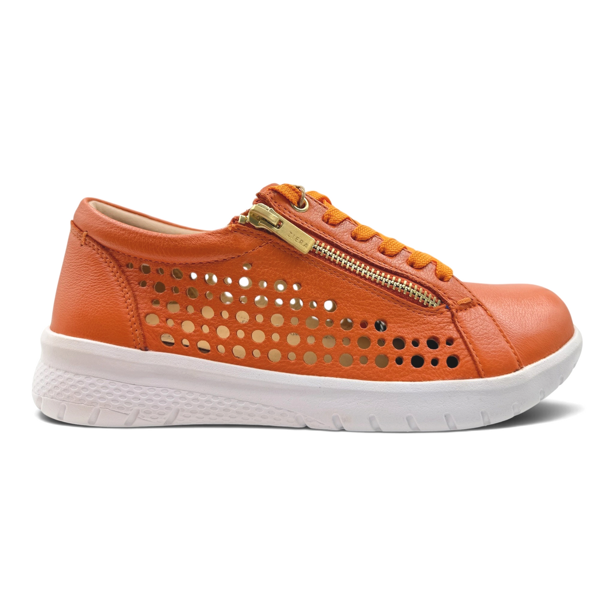 The Shoe Shop Shovo extra wide orange leather sneaker with side zip, lace-up closure, and perforated side panels.