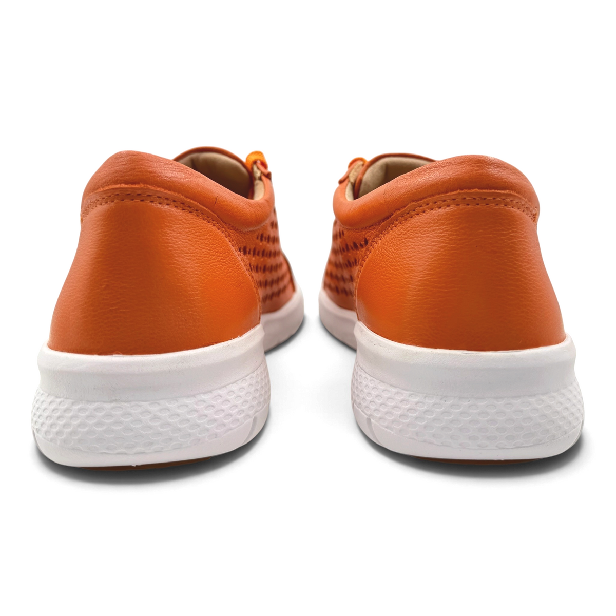 The Shoe Shop Shovo extra wide orange leather sneakers with a white slip-resistant sole, rear view.