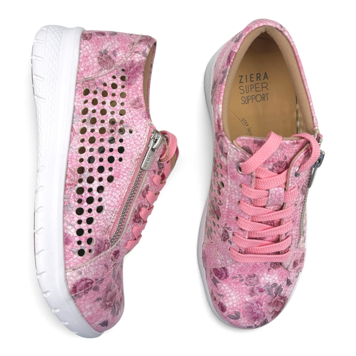 The Shoe Shop Shovo pink floral orthotic sneakers with lace-up front, side zip, and perforated leather upper.