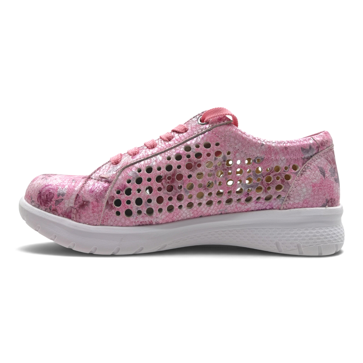 The Shoe Shop Shovo extra wide pink floral sneaker with side zip, lace-up closure, and perforated side panels.