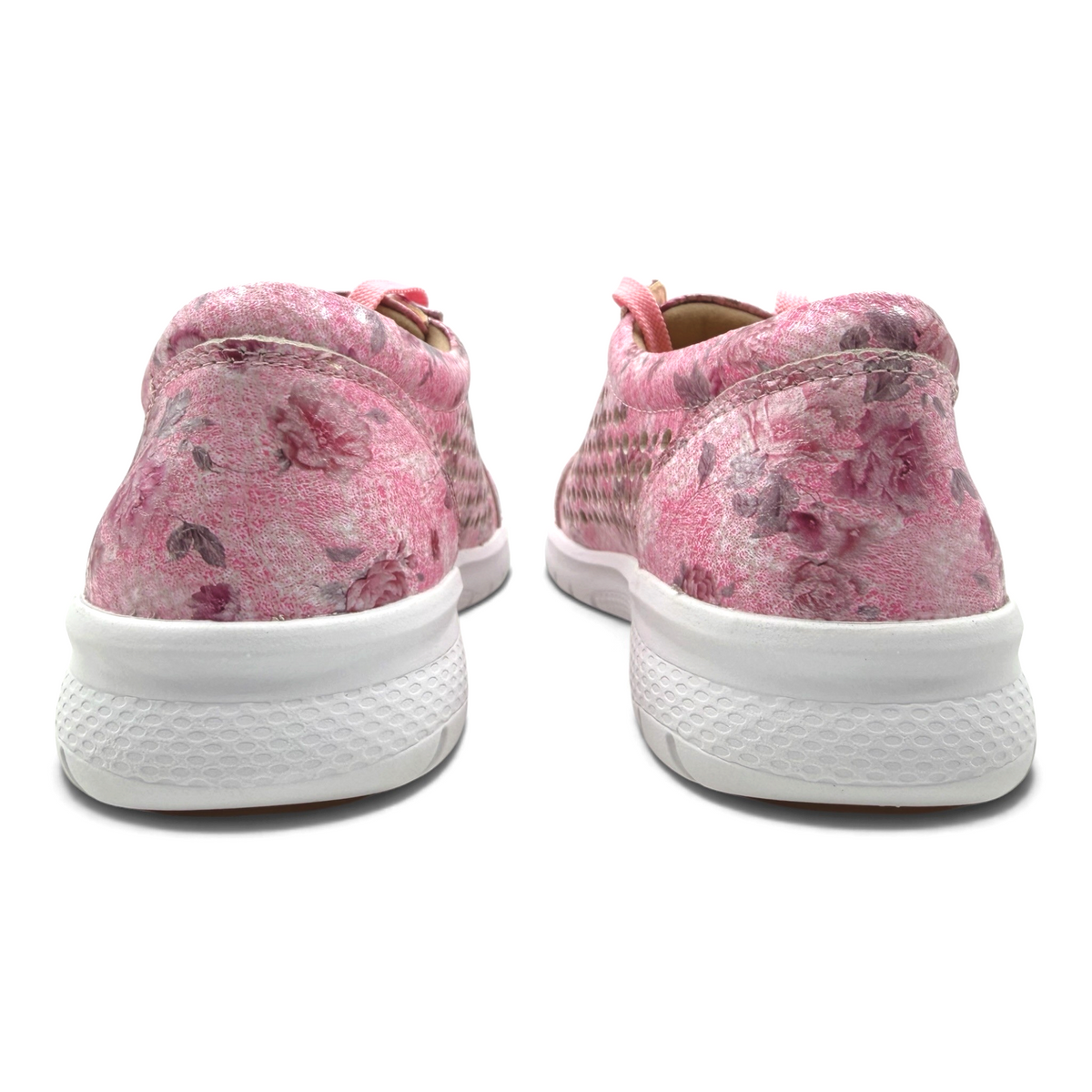 The Shoe Shop Shovo extra wide sneakers in pink floral print with a supportive white slip-resistant sole, back view.