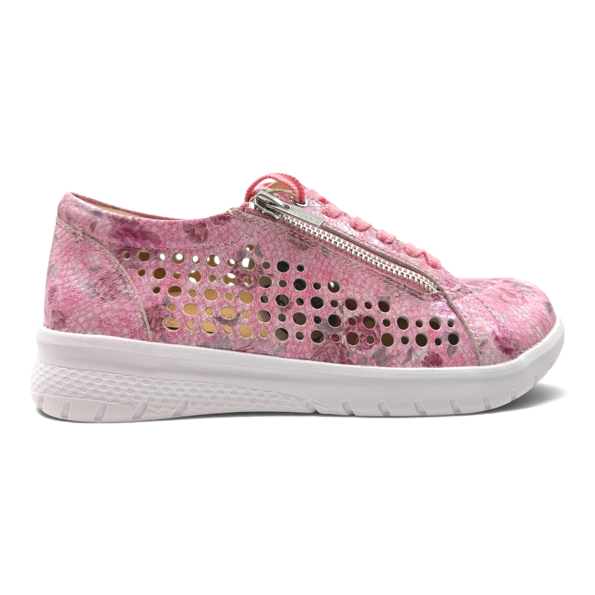 The Shoe Shop Shovo extra wide pink floral sneaker with side zip, lace-up closure, and perforated leather upper.