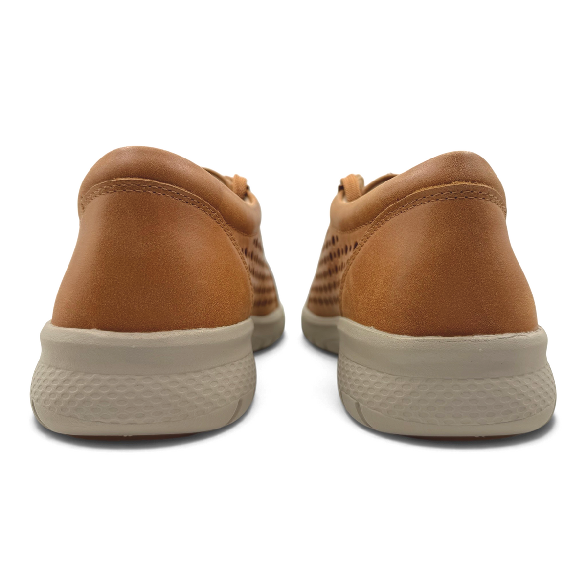 The Shoe Shop Shovo tan leather sneakers showing the back view with a wide, slip-resistant textured sole.